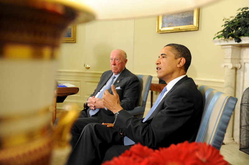 US President Barack Obama meets with George Schultz and others at the ...
